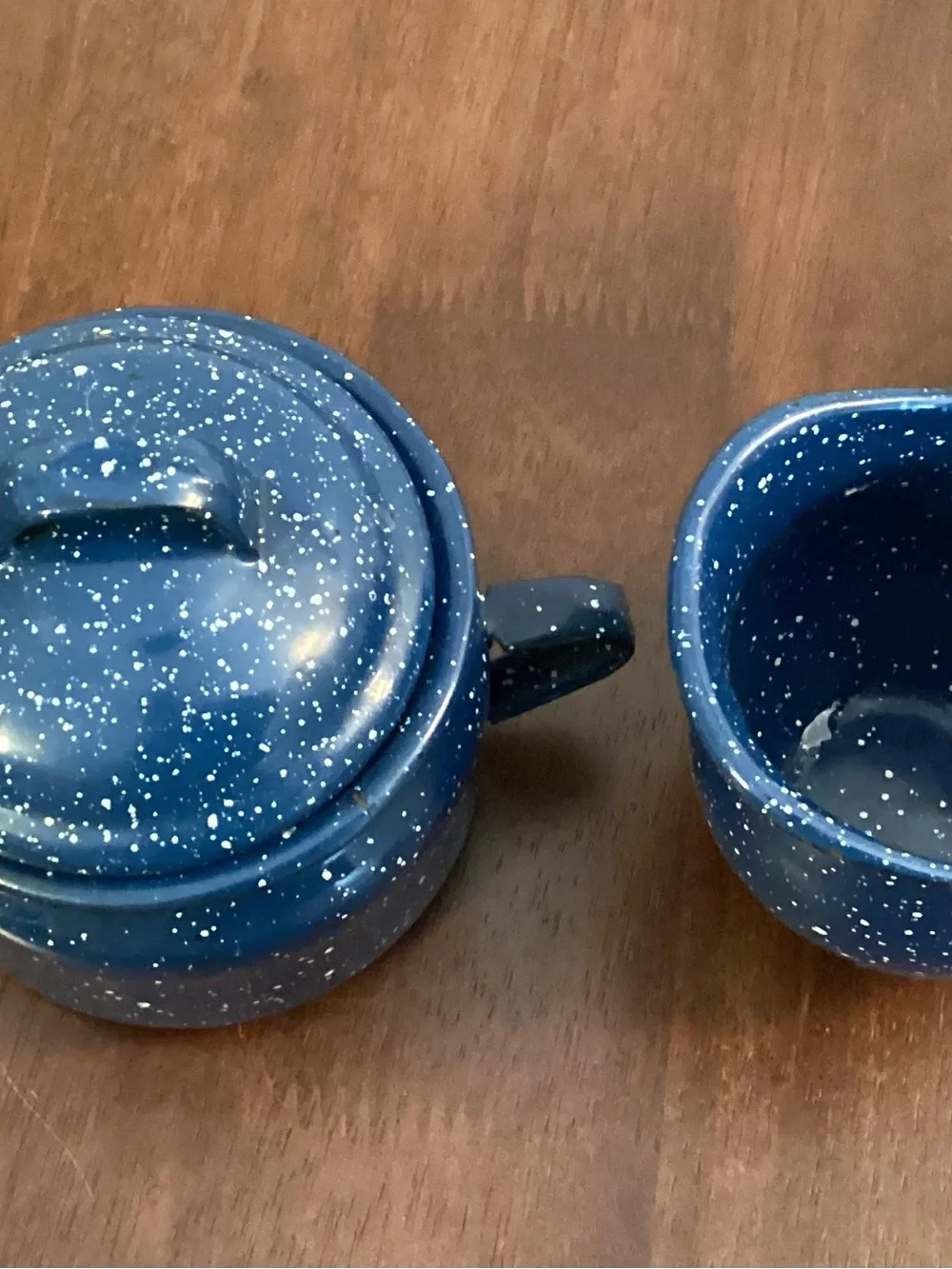 Vtg Blue Speckled Enamelware Sugar & Creamer Set